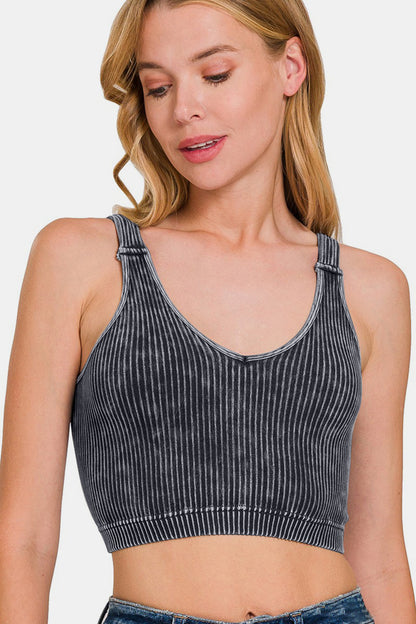 Zenana Washed Ribbed Cropped V-Neck Tank - Tigbul's Variety Fashion Shop