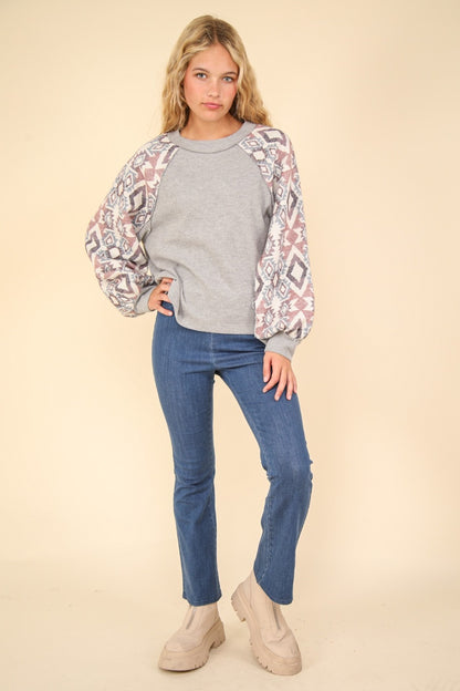 VERY J Printed Long Sleeve Round Neck Knit Top - Tigbul's Variety Fashion Shop