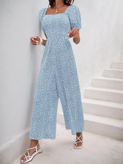 Printed Square Neck Puff Sleeve Jumpsuit - Tigbul's Variety Fashion Shop