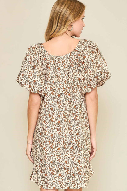 Umgee Full Size Lace Tape Drawstring Floral Puff Sleeve Mini Dress Plus Size - Tigbul's Variety Fashion Shop