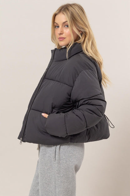 Quilted Back Drawstring Puffer Jacket - Tigbul's Variety Fashion Shop