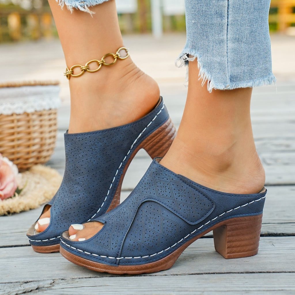 Blue peep toe block heel sandals with geometric pattern and chunky heel