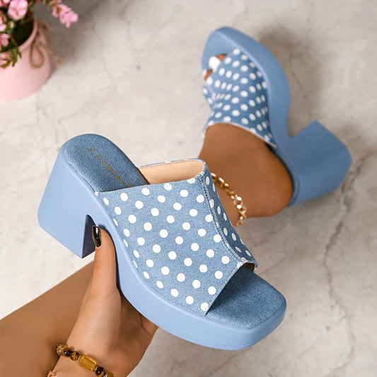 Polka Dot Block Heels Blue Denim Sandals - Tigbul's Variety Fashion Shop