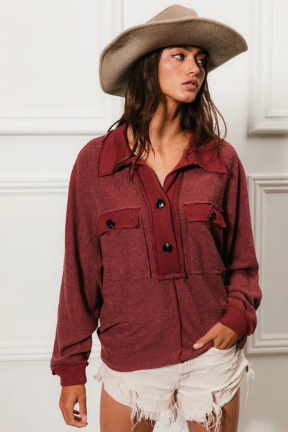 BiBi Cp French Terry Cut Edge Detail Collared Top - Tigbul's Variety Fashion Shop