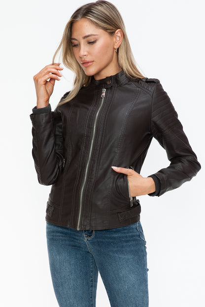 Brown PU Leather Biker Jacket with Side Zip Pockets