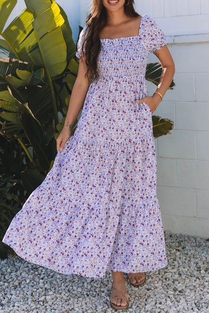 Lavender Tiered Floral Shirred High Waist Maxi Dress - Tigbul's Variety Fashion Shop