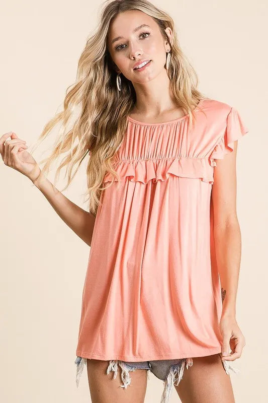 Jersey Knit Gathered Top with Ruffles - Tigbul's Variety Fashion Shop