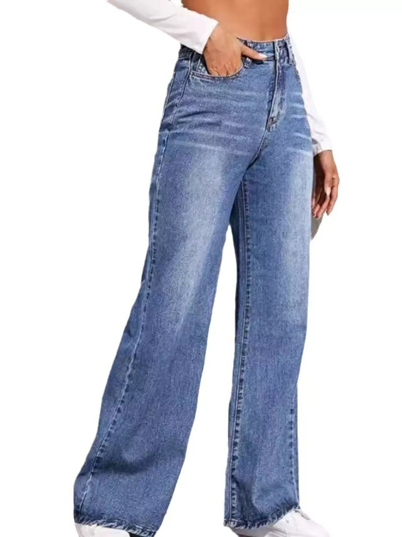 Light blue wide-leg jeans with button waistband, front fly, and relaxed straight fit
