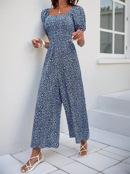 Printed Square Neck Puff Sleeve Jumpsuit - Tigbul's Variety Fashion Shop