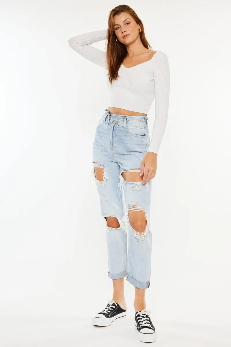 Kancan Open Pack Paperbag Mom Jeans - Tigbul's Variety Fashion Shop