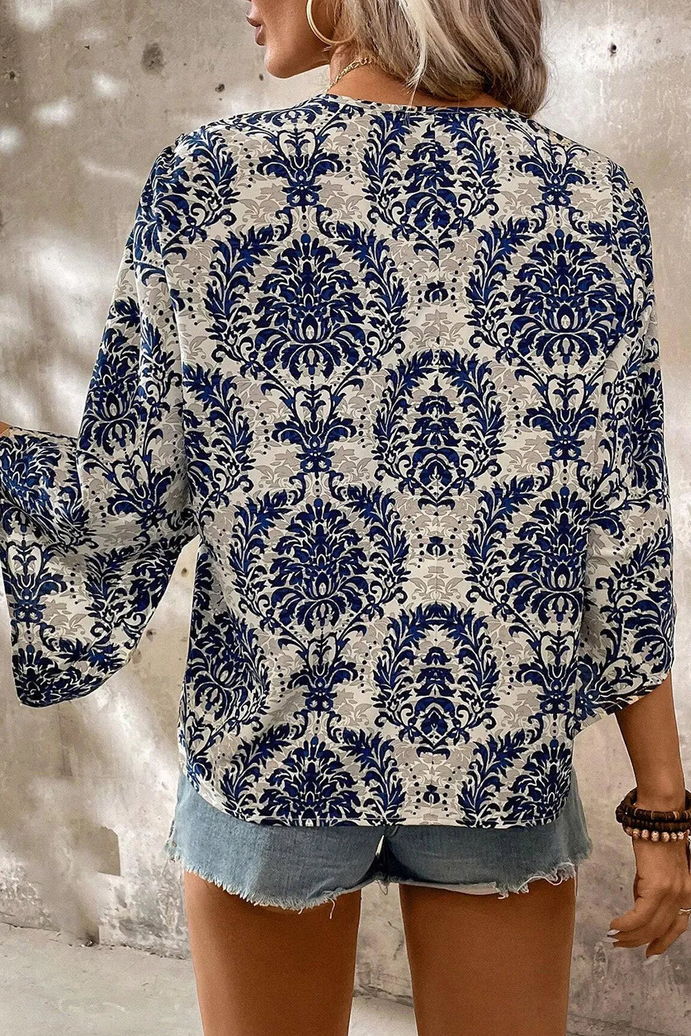 Printed V-Neck Three-Quarter Sleeve Blouse - Tigbul's Variety Fashion Shop