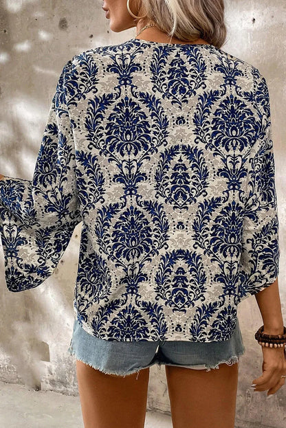 Printed V-Neck Three-Quarter Sleeve Blouse - Tigbul's Variety Fashion Shop