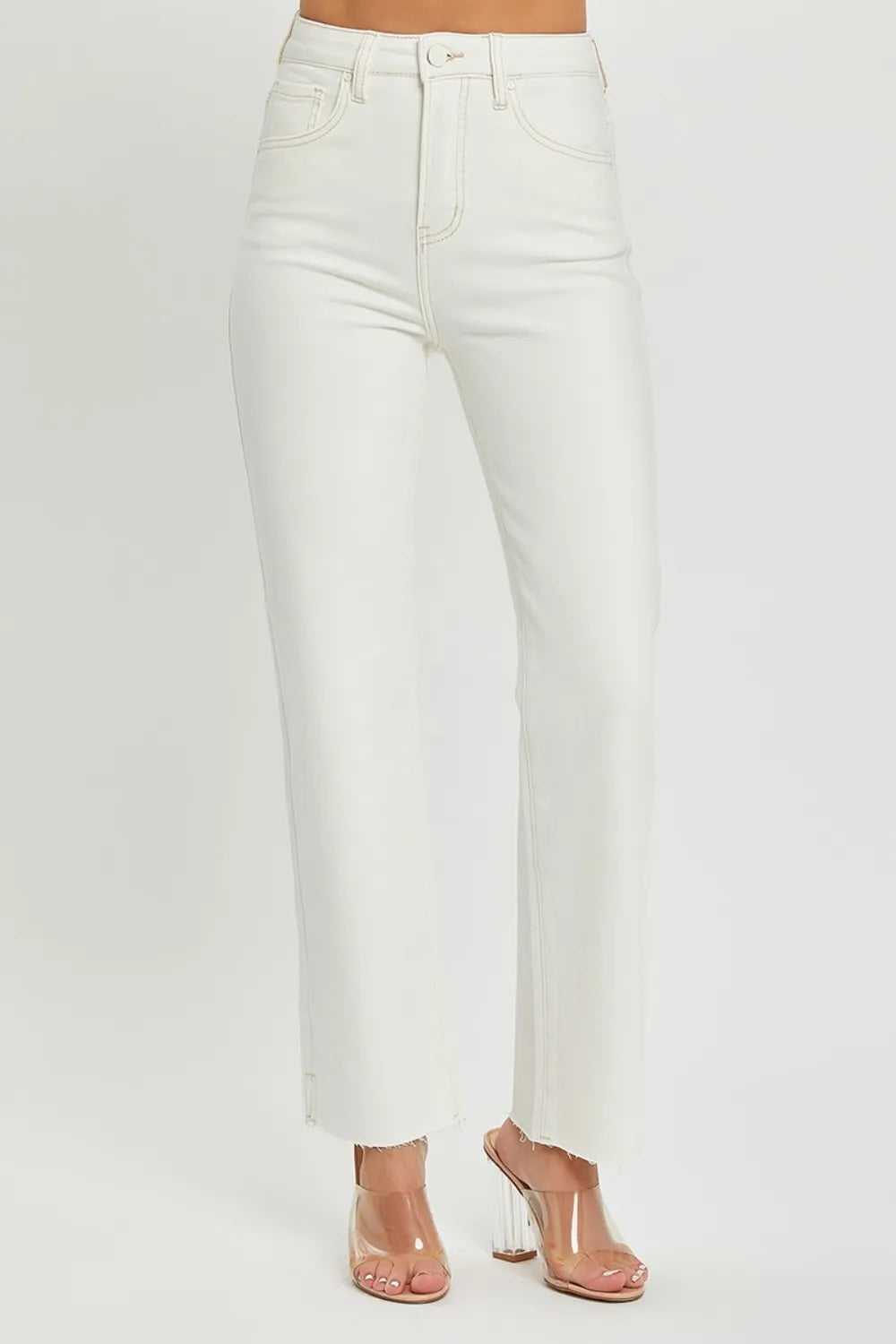 Size 1XL High Rise Cream Color Tummy Control Straight Jeans | Tigbuls