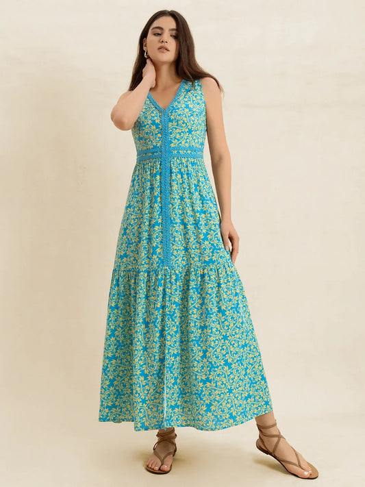 Teal Printed V-Neck Sleeveless Dress - Tigbul's Variety Fashion Shop