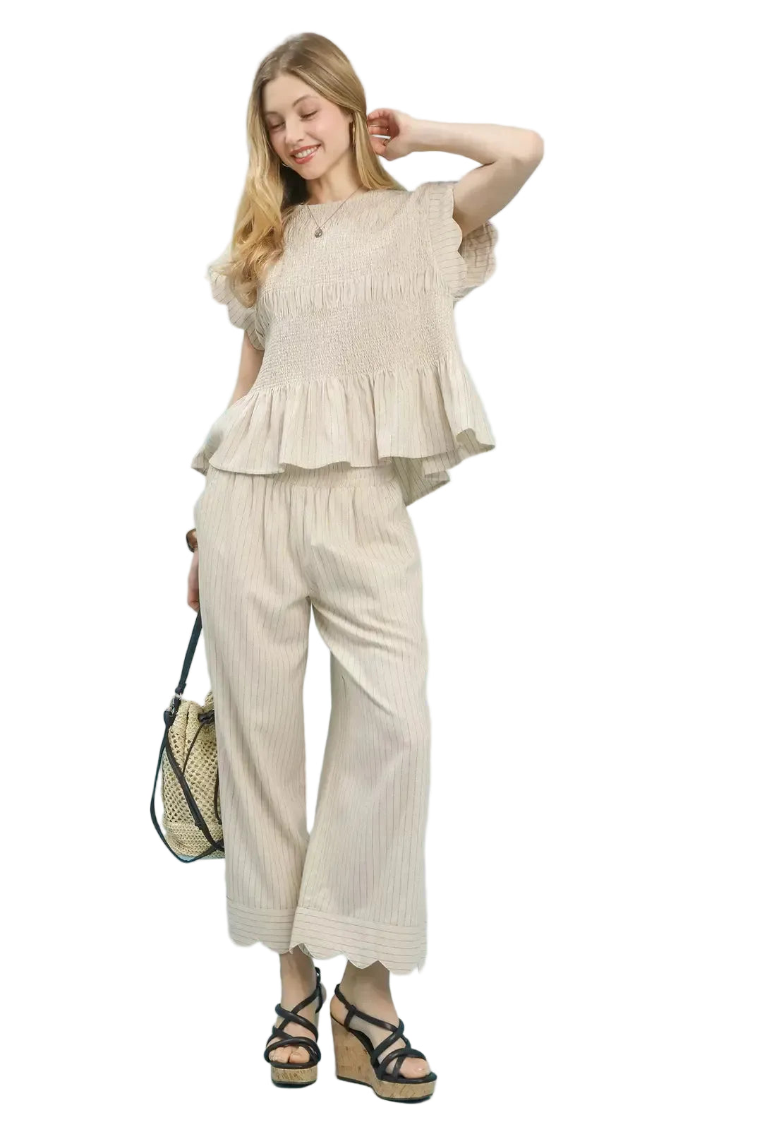 Oatmeal pinstripe smocked peplum top with layered peplum hem