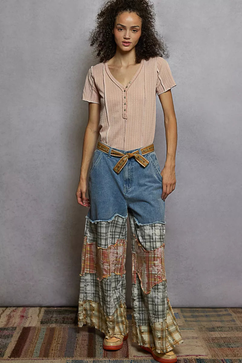 POL V-Neck Short Sleeve Top with Stitch Seam Detail - Tigbul's Variety Fashion Shop