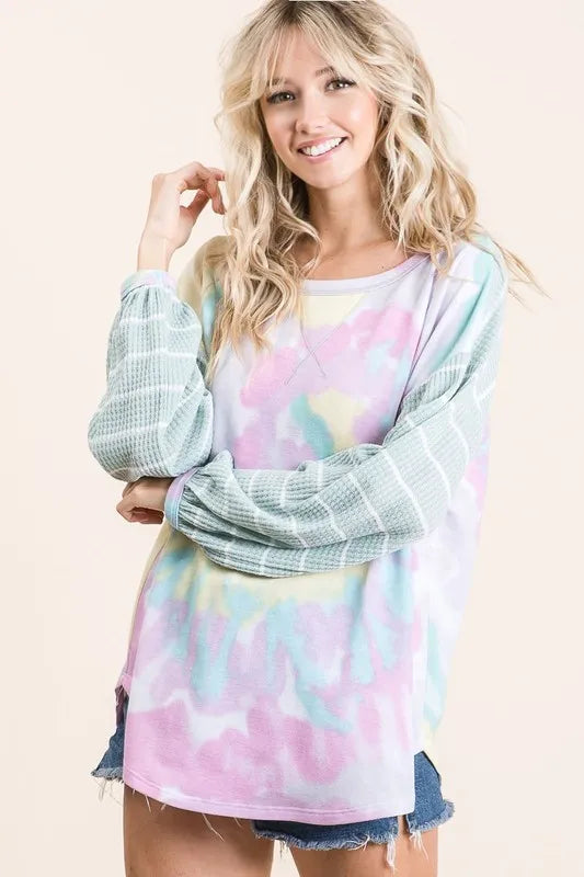 BiBi Tie Dye Terry Top with Wide Stripe Thermal Waffle - Tigbul's Variety Fashion Shop