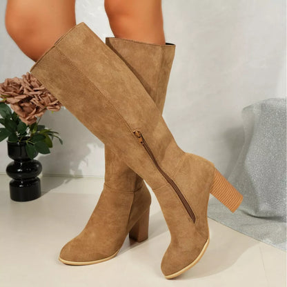 Point Toe Knee-High Suede Block Heel Boots - Tigbul's Variety Fashion Shop