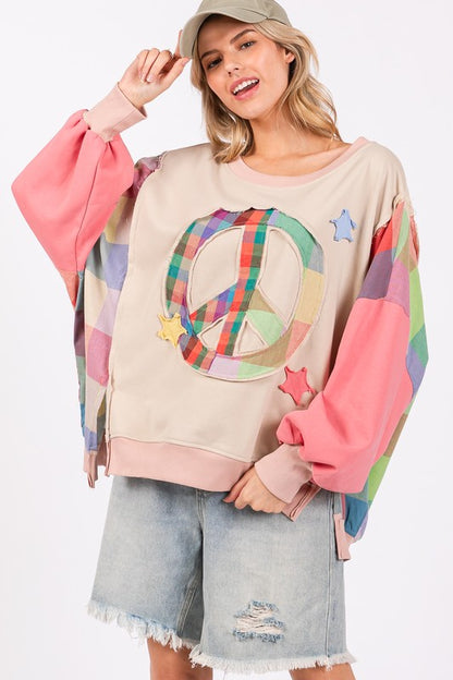 SAGE + FIG Full Size Contrast Peace Patch Dropped Shoulder Sweatshirt - Tigbul's Variety Fashion Shop