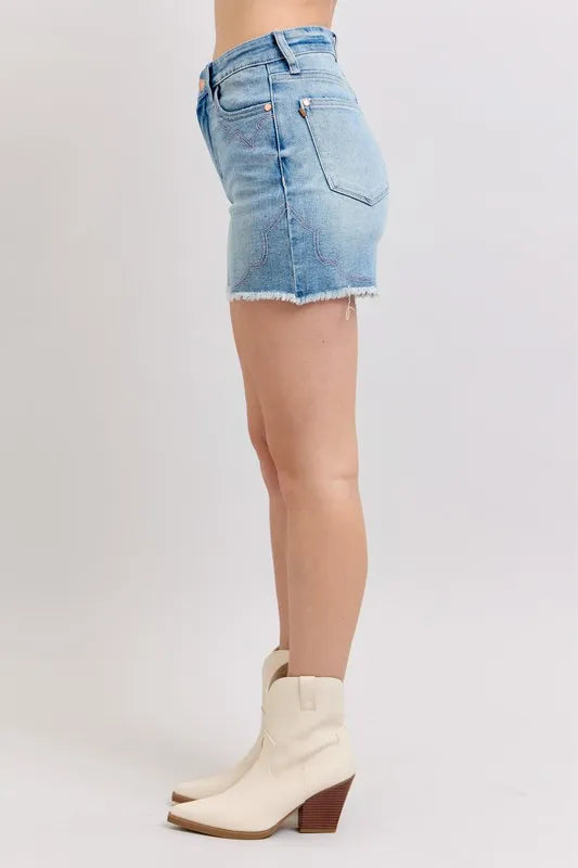 Judy Blue High Waist Western Embroidery Detail Cut Off Denim Shorts - Tigbul's Variety Fashion Shop