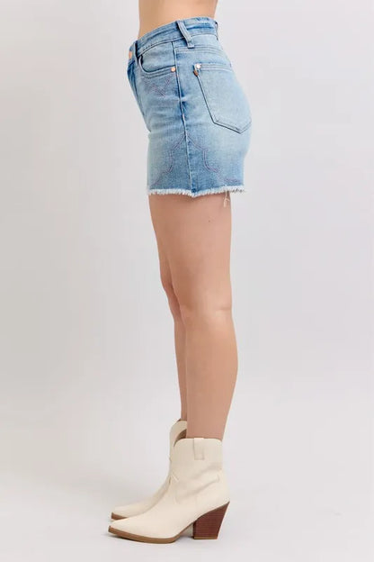Judy Blue High Waist Western Embroidery Detail Cut Off Denim Shorts - Tigbul's Variety Fashion Shop