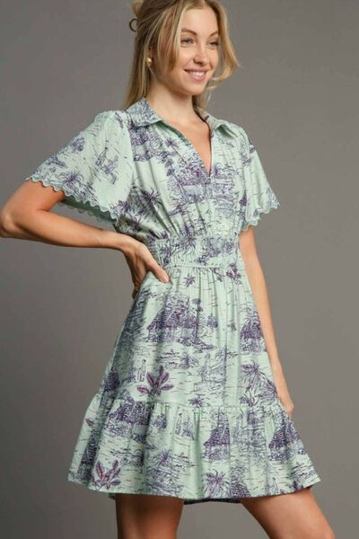 Light Green Landscape Print Collared Mini Dress Plus Size - Tigbul's Variety Fashion Shop