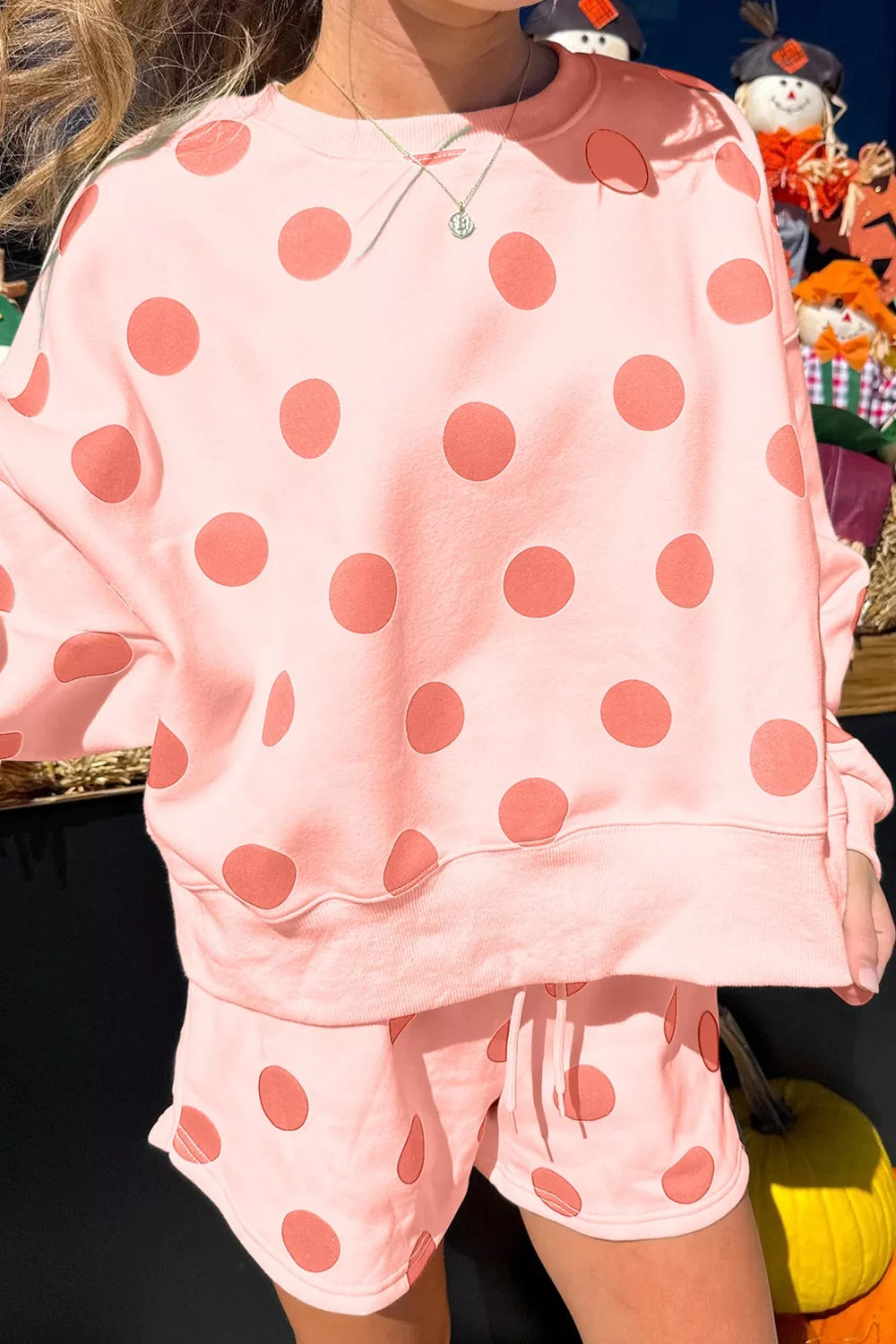 Polka Dot Print Drop Shoulder Pullover Drawstring Shorts Set - Tigbul's Variety Fashion Shop