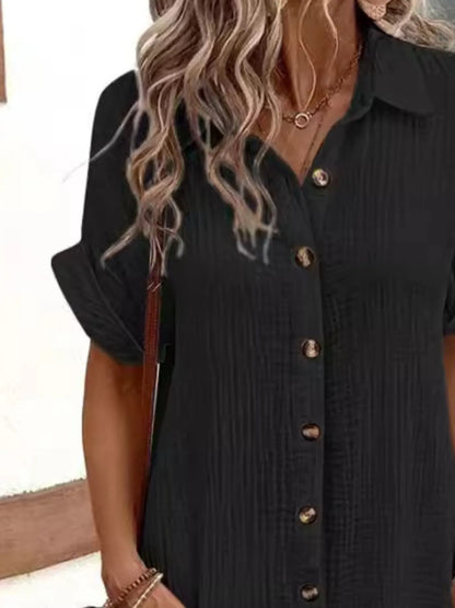 Casual Button Down Cotton Shirt Dress with Pockets - Tigbul's Variety Fashion Shop