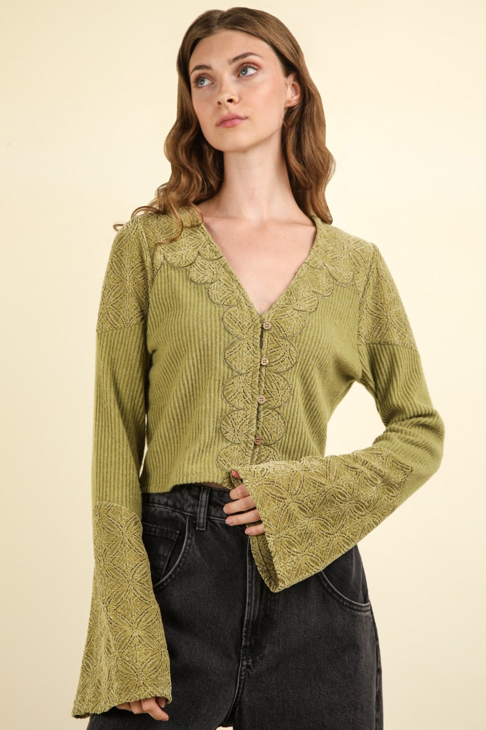 VERY J V-Neck Lace Detail Button Down Crop Ribbed Knit Top - Tigbul's Variety Fashion Shop