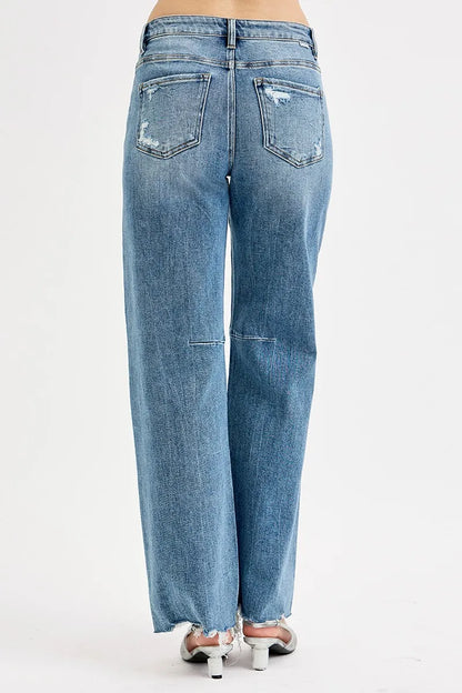 RISEN Full Size Mid Rise Fit Wide Baggy Leg Tie Washed Jeans Plus Size - Tigbul's Variety Fashion Shop