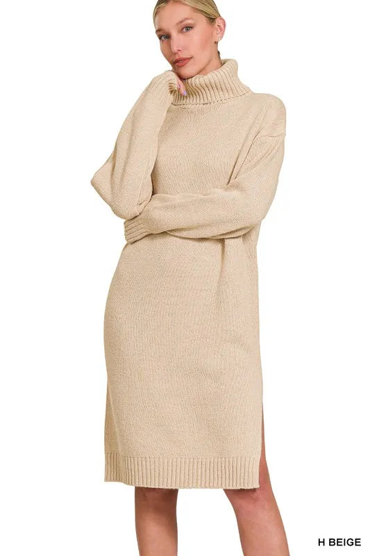 Zenana Turtle Neck Long Sleeve Midi Sweater Dress - Tigbul's Variety Fashion Shop