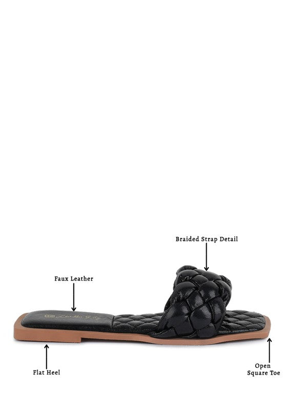 Black patent PU quilted slide: braided strap detail, faux leather upper, flat heel