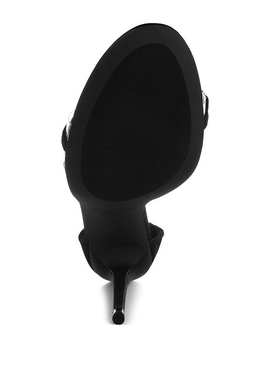 Black rhinestone chain stiletto sandal, close-up of pointed toe and heel