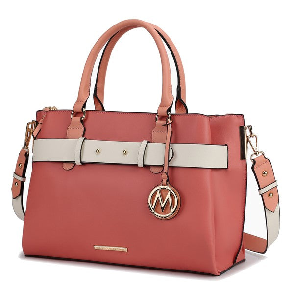 Coral satchel bag with white belt detail, round M logo charm, detachable crossbody strap