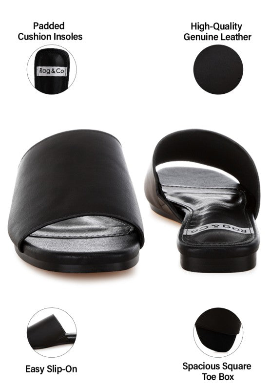 Black slide flats, padded cushioned insoles, open square toe, flat low heel
