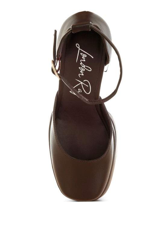 Brown closed square-toe platform heels with adjustable ankle buckle strap