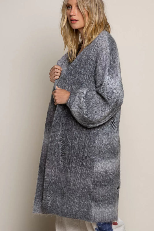 POL Distressed Cable-Knit Ombre Dying Cardigan - Tigbul's Variety Fashion Shop