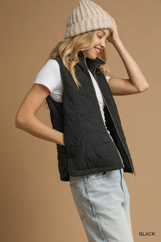 Umgee Quilted Floral Zip Up Vest with Pockets - Tigbul's Variety Fashion Shop