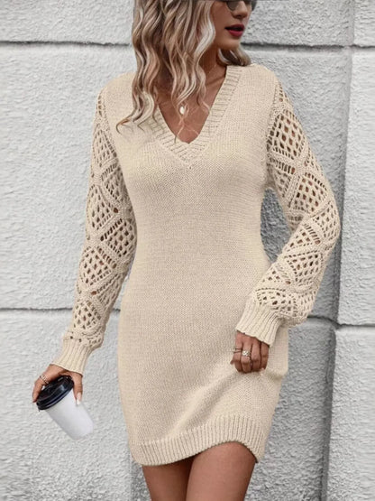 V-Neck Hollow Out Sleeve Sweater Dress - Tigbul's Variety Fashion Shop