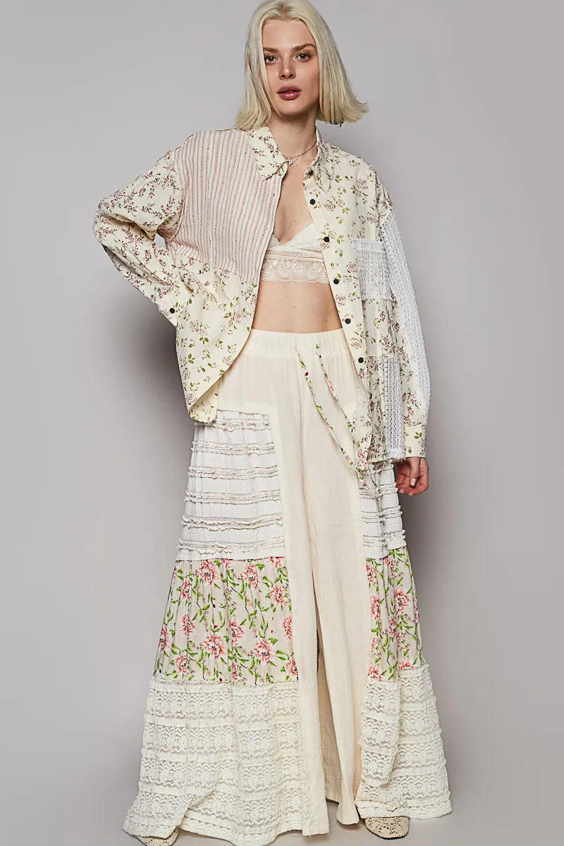 POL Lace Patchwork Floral Button-Up Shirt - Tigbul's Variety Fashion Shop