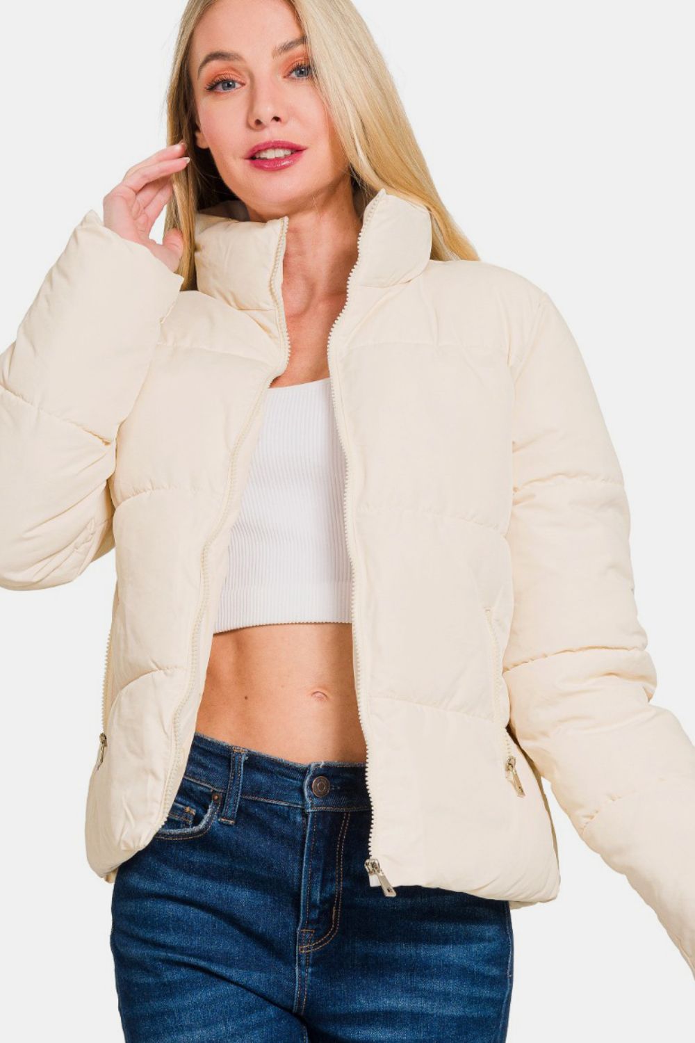 Cream Zip Up Turtleneck Puffer Jacket with Pockets - Tigbul's Variety Fashion Shop