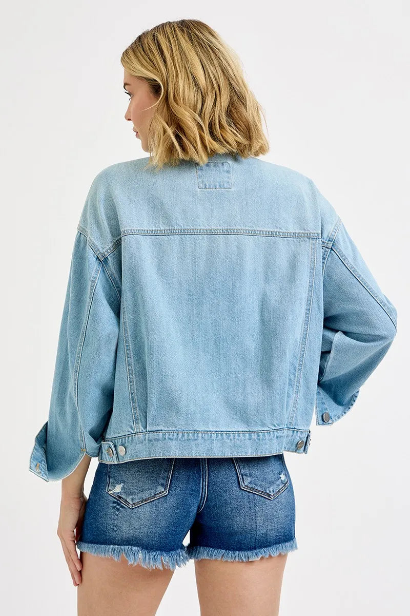 RISEN Washed Dropped Shoulder Denim Jacket - Tigbul's Variety Fashion Shop