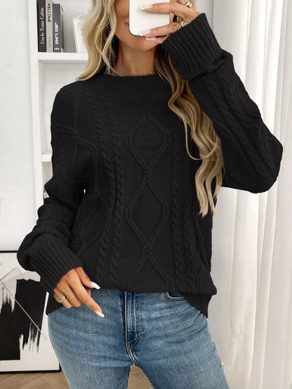 Cable Knit Round Neck Sweater - Tigbul's Variety Fashion Shop