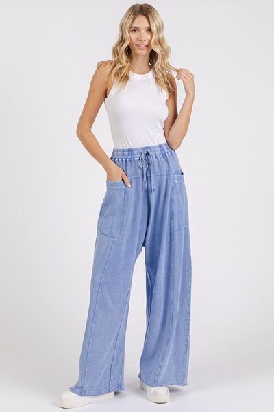 Blue Mineral Wash Elastic Baggy Pants - Tigbul's Variety Fashion Shop