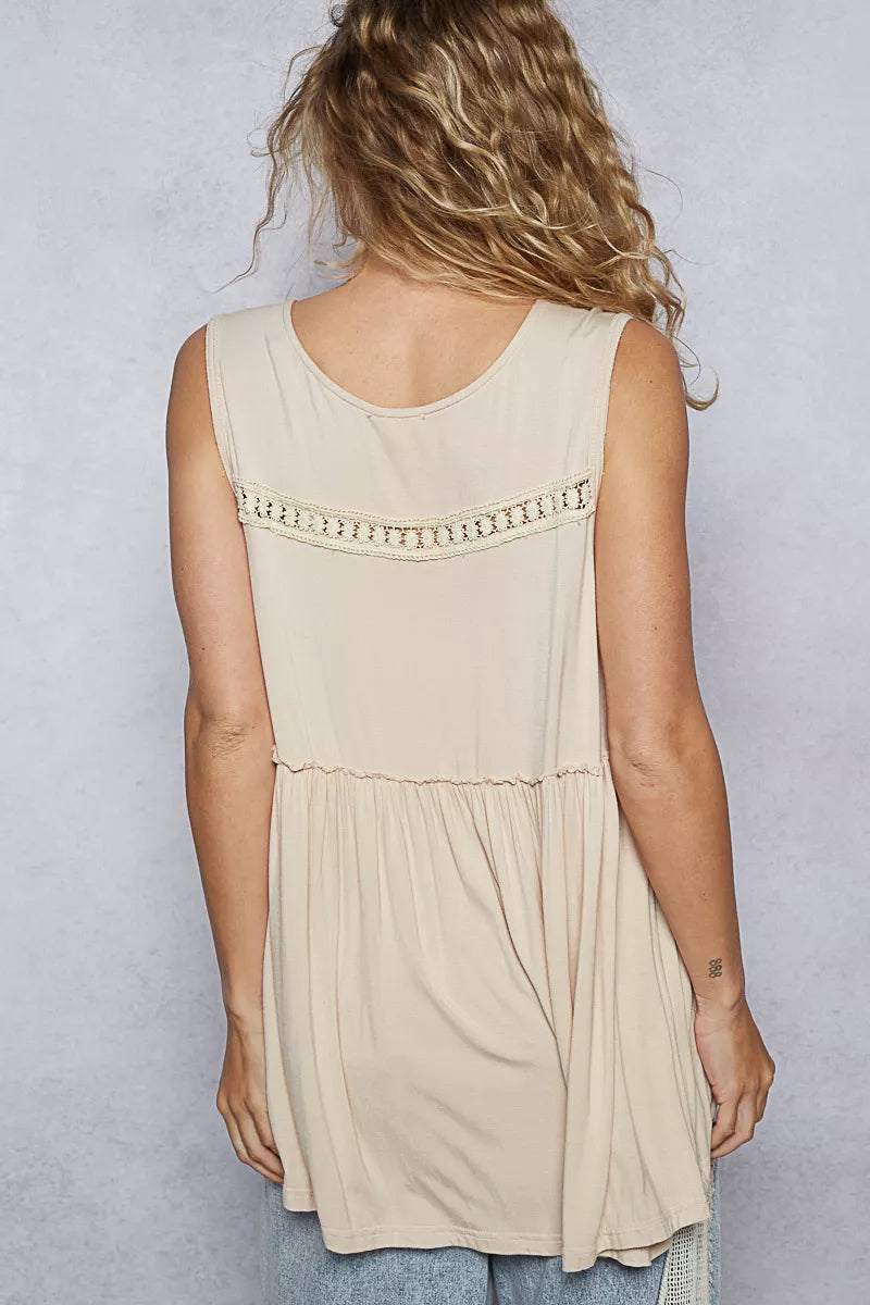 POL Lace Trim Babydoll Sleeveless Top with Ruffled and Raw Edge Detail - Tigbul's Variety Fashion Shop