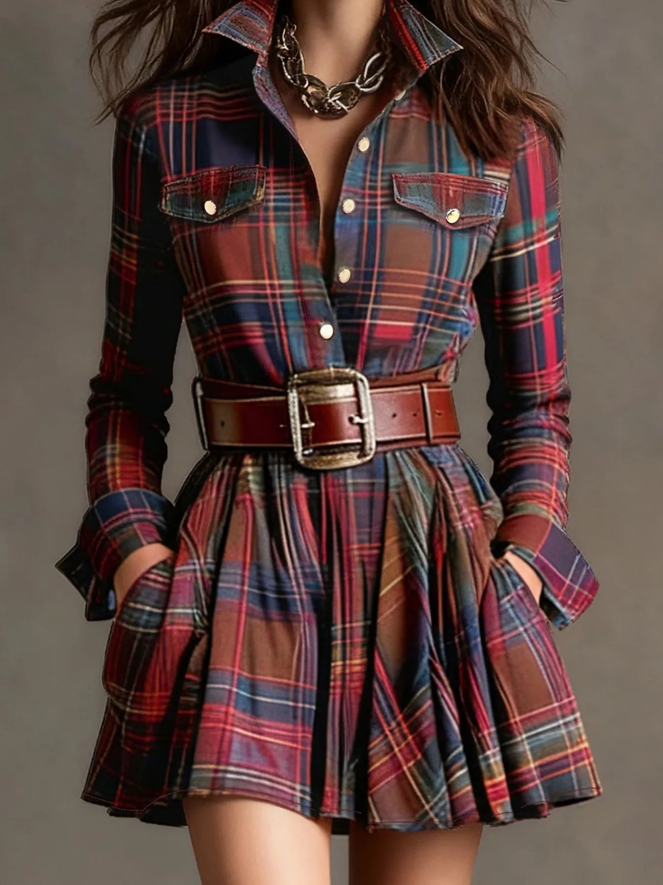 Plaid Long Sleeve Shirt Dress - Tigbul's Variety Fashion Shop