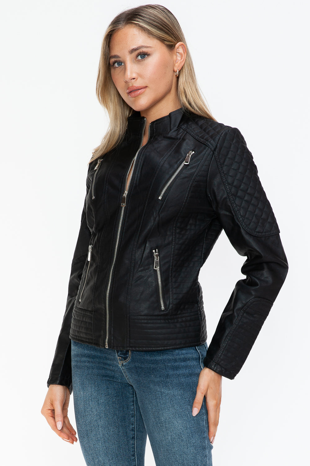 Black Faux Leather Zip Up Mock Neck Jacket