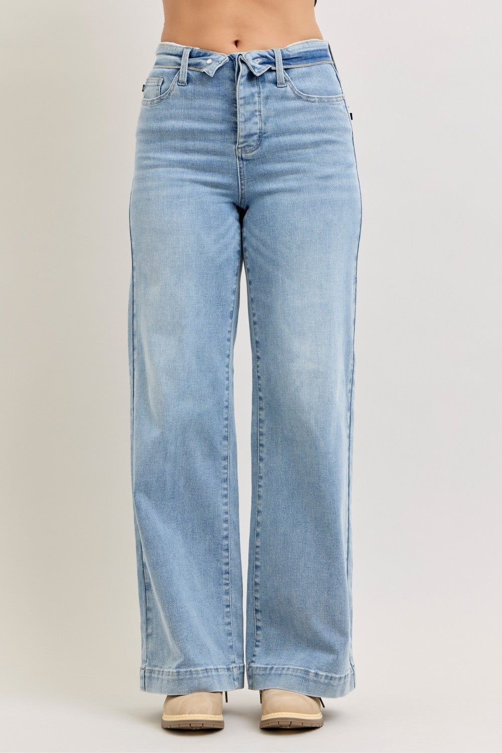 Light-wash mid-rise wide-leg jeans with fold-over waistband