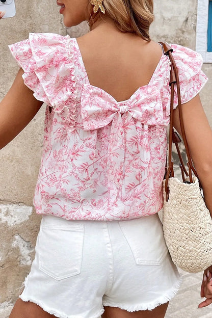 Bow Back Printed Ruffled Cap Sleeve Pink Blouse - Tigbul's Variety Fashion Shop
