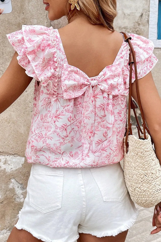 Bow Back Printed Ruffled Cap Sleeve Pink Blouse - Tigbul's Variety Fashion Shop